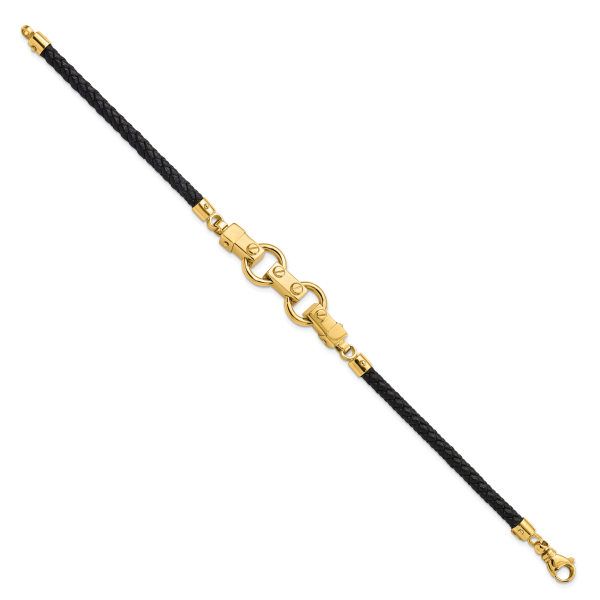14K Polished Fancy Link Leather Bracelet - Image 2
