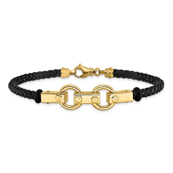 14K Polished Fancy Link Leather Bracelet - Image 3