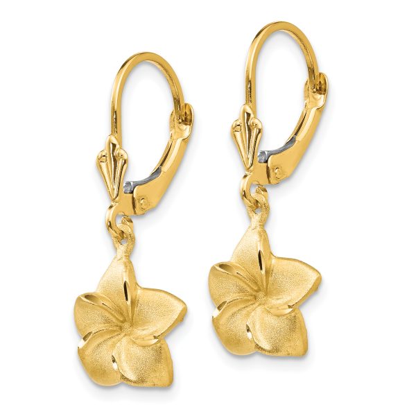 14k Satin & Diamond-Cut Plumeria Dangle Leverback Earrings - Image 2