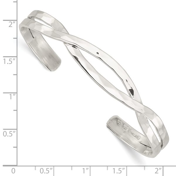 Sterling Silver Polished Hammered Criss Cross Cuff Bangle - Image 3