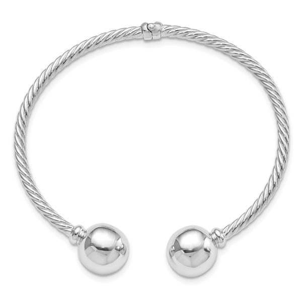 Sterling Silver Rhodium-Plated Twist & Beaded End Hinged Cuff Bangle - Image 2