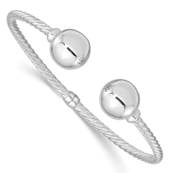 Sterling Silver Rhodium-Plated Twist & Beaded End Hinged Cuff Bangle