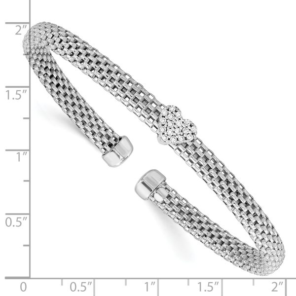 Sterling Silver Rhodium-plated Polished CZ Heart Mesh Cuff Bangle - Image 3