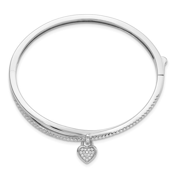 Sterling Silver Rhodium-plated CZ Heart Dangle Hinged Bangle - Image 2