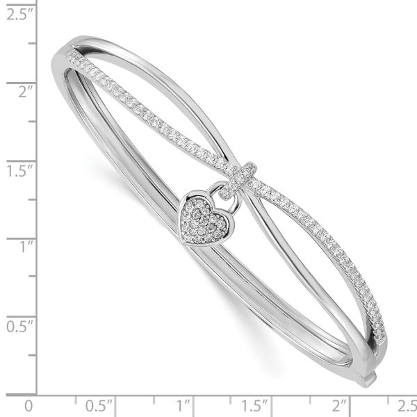 Sterling Silver Rhodium-plated CZ Heart Dangle Hinged Bangle - Image 3