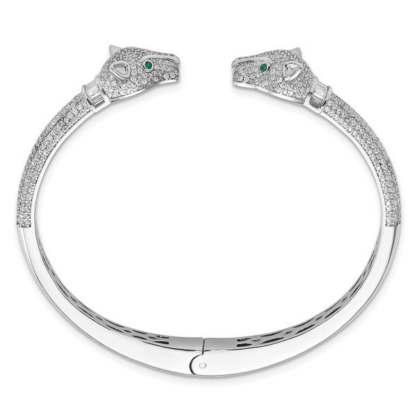 Sterling Silver Rhodium-plated Polished CZ Lioness Hinged Cuff Bangle - Image 2