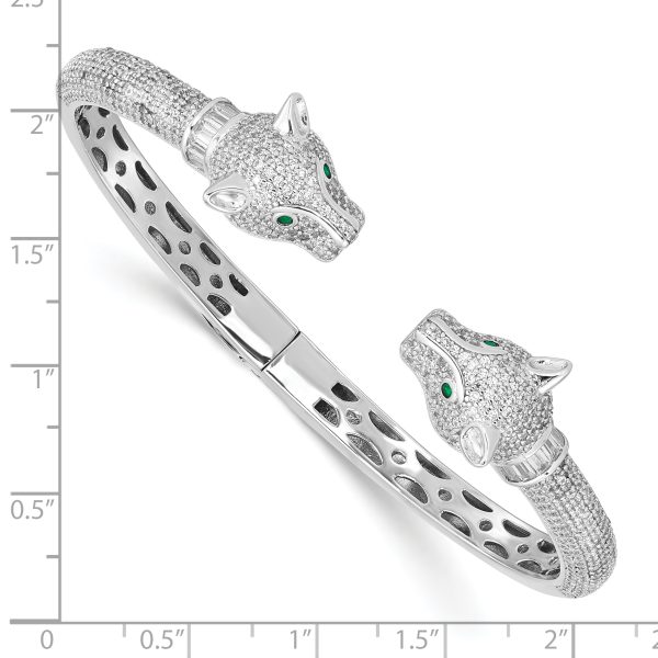 Sterling Silver Rhodium-plated Polished CZ Lioness Hinged Cuff Bangle - Image 3
