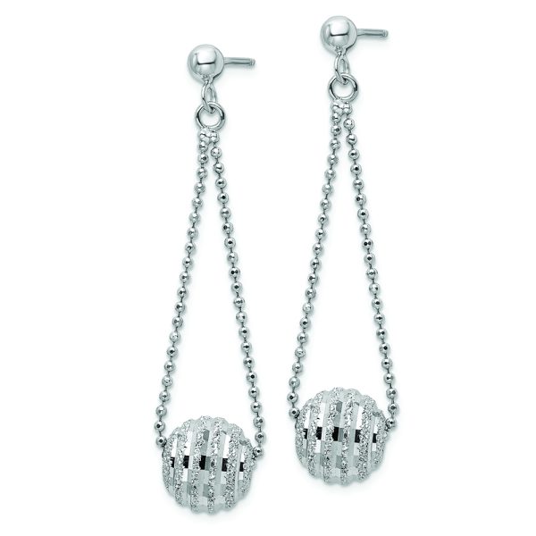 Sterling Silver Rhodium-plated Lasered Bead Chain Dangle Post Earrings - Image 2