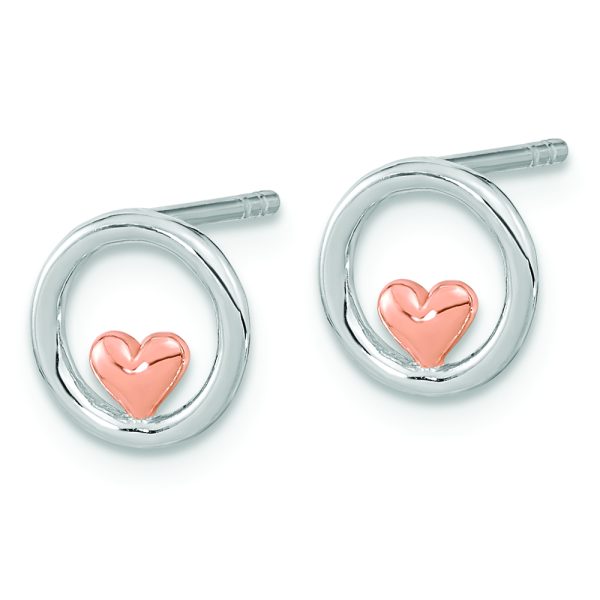 Sterling Silver RH-plated & Rose Gold-plated Circle w/Heart Post Earrings - Image 2