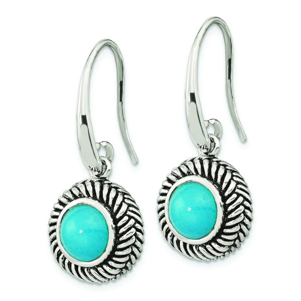Sterling Silver Polished & Antiqued Imitation Turquoise Dangle Earrings - Image 2