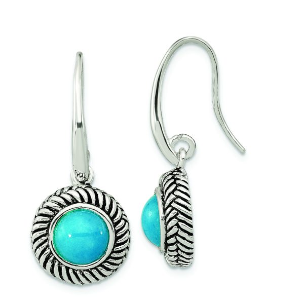 Sterling Silver Polished & Antiqued Imitation Turquoise Dangle Earrings
