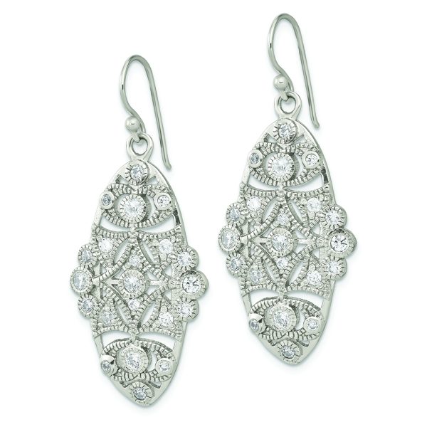 Sterling Silver Polished Fancy CZ Dangle Shephard Hook Earrings - Image 2