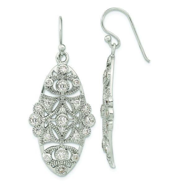 Sterling Silver Polished Fancy CZ Dangle Shephard Hook Earrings