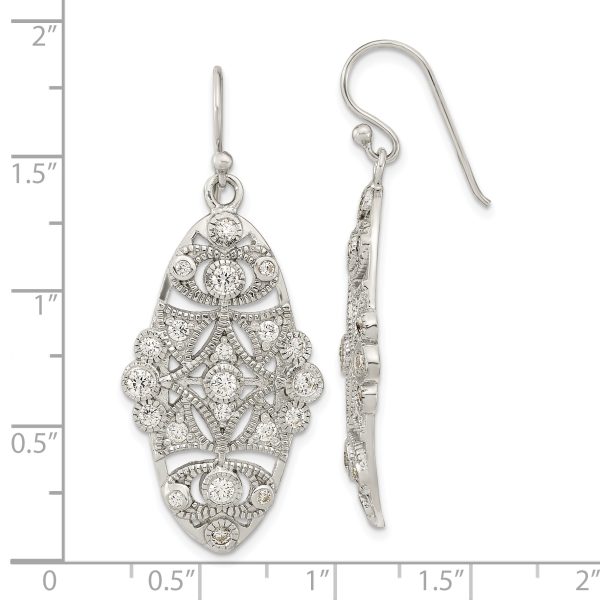 Sterling Silver Polished Fancy CZ Dangle Shephard Hook Earrings - Image 3