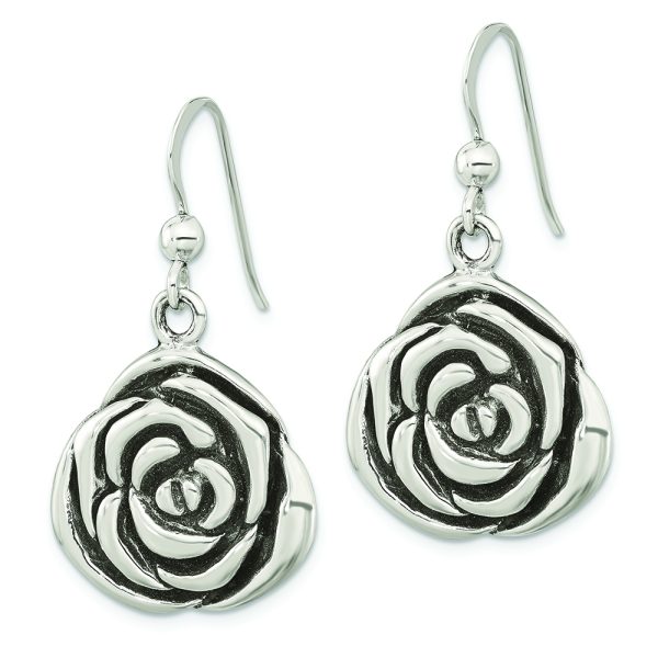 Sterling Silver Polished Antiqued Rose Dangle Earrings - Image 2