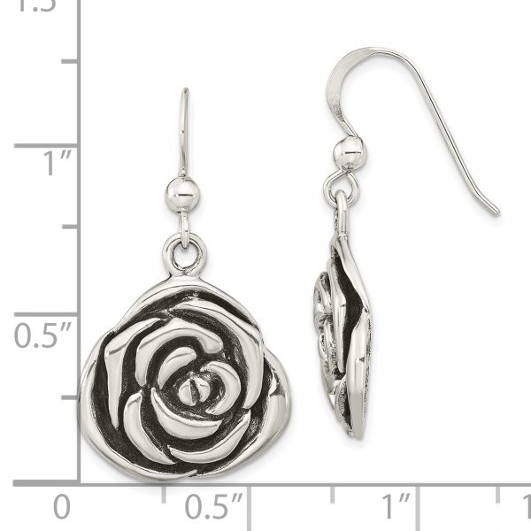 Sterling Silver Polished Antiqued Rose Dangle Earrings - Image 3