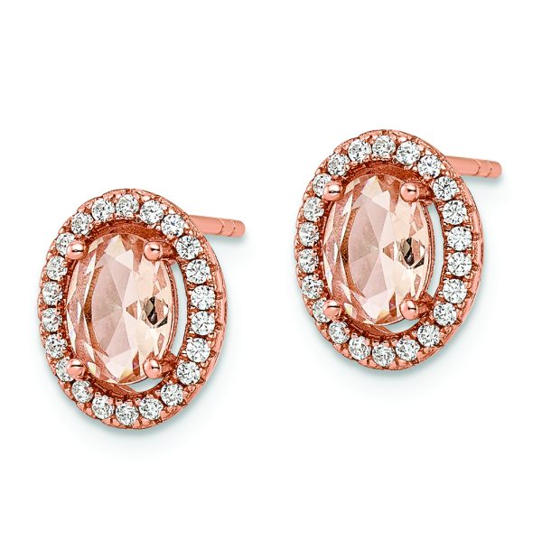 Sterling Silver Rose-tone Polished Pink & White CZ Oval Post Earrings - Image 2