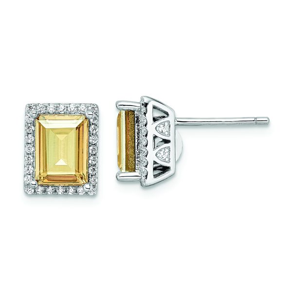 Sterling Silver Rhodium-plated CZ and Yellow Crystal Post Earrings