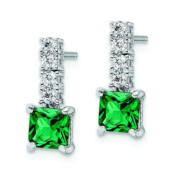 Sterling Silver Polished Rhodium-plated Green/Clear CZ Post Dangle Earrings - Image 2