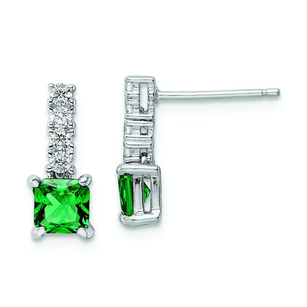 Sterling Silver Polished Rhodium-plated Green/Clear CZ Post Dangle Earrings