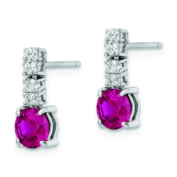 Sterling Silver Rhodium-plated Created Ruby and CZ Post Dangle Earrings - Image 2