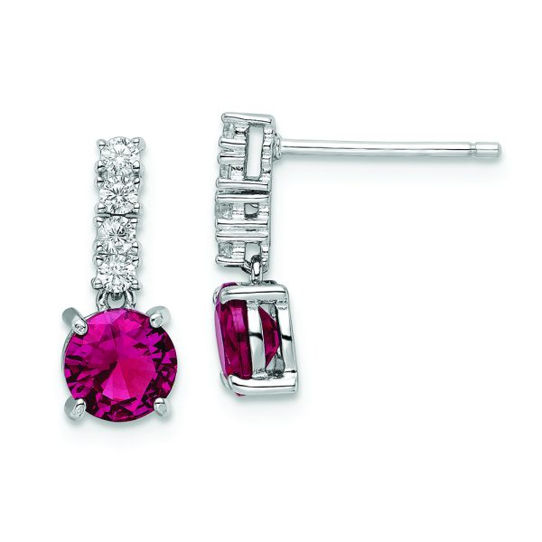 Sterling Silver Rhodium-plated Created Ruby and CZ Post Dangle Earrings