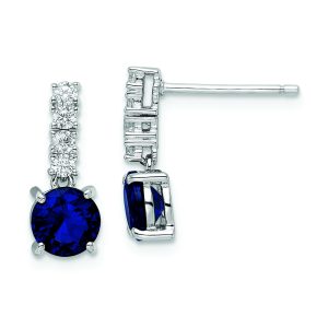 Sterling Silver Polished Rhodium Cr. Blue Spinel and CZ Post Dangle Earring
