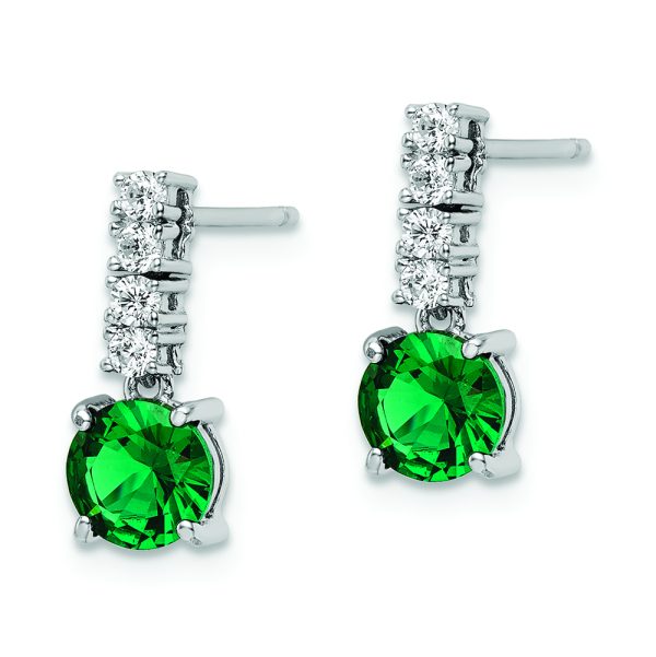 Sterling Silver Polished Rhodium-plated Green/Clear CZ Post Dangle Earrings - Image 2