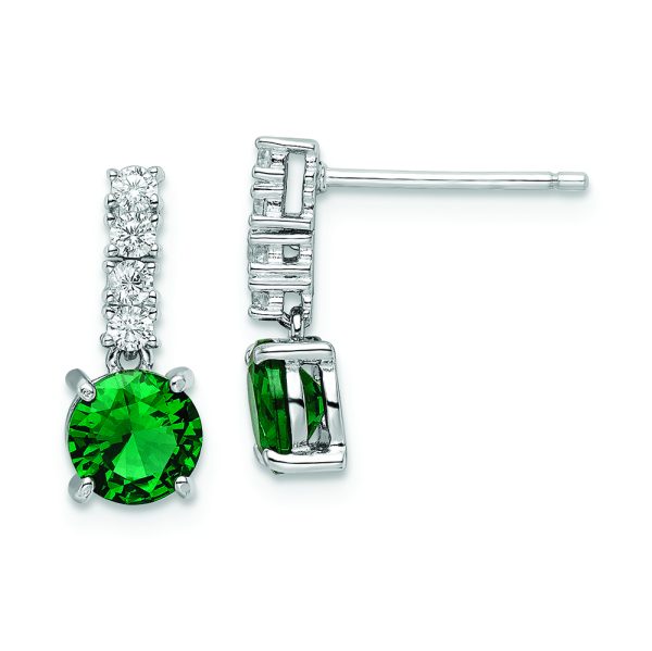 Sterling Silver Polished Rhodium-plated Green/Clear CZ Post Dangle Earrings