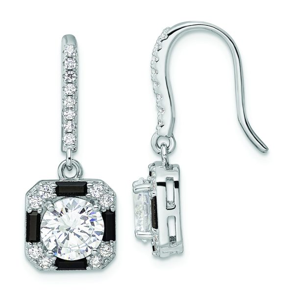 Sterling Silver Rhodium-plate CZ & Black Nano Crystal Square Earrings