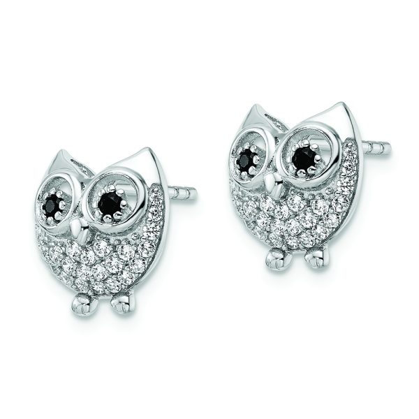 Sterling Silver Rhodium-plated Black & White CZ Owl Earrings - Image 2