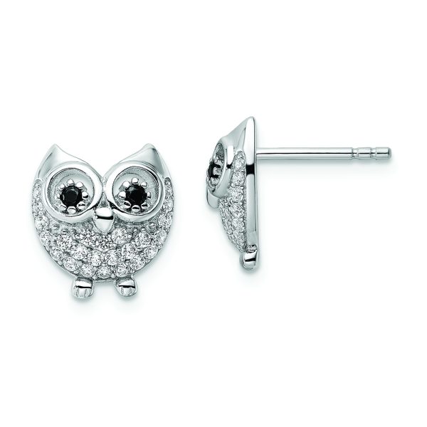 Sterling Silver Rhodium-plated Black & White CZ Owl Earrings