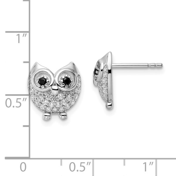 Sterling Silver Rhodium-plated Black & White CZ Owl Earrings - Image 3