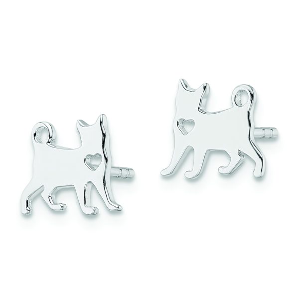 Sterling Silver Rhodium-plated Cat w/Heart Post Earrings - Image 2