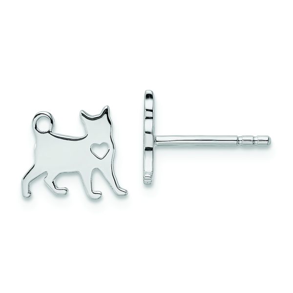 Sterling Silver Rhodium-plated Cat w/Heart Post Earrings