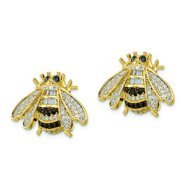 Sterling Silver Blk/White RH-plated Gold Tone CZ Bumblebee Post Earrings - Image 2