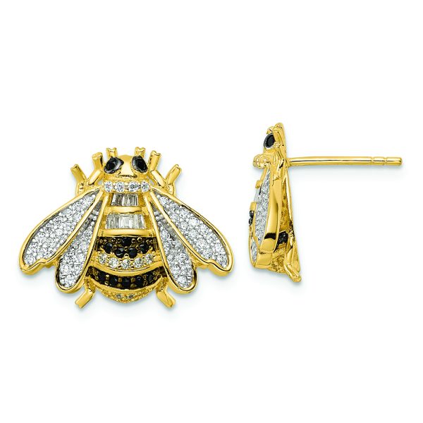 Sterling Silver Blk/White RH-plated Gold Tone CZ Bumblebee Post Earrings