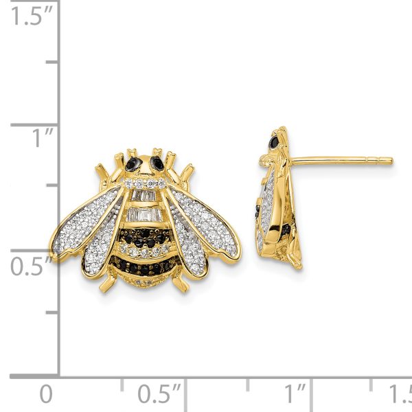 Sterling Silver Blk/White RH-plated Gold Tone CZ Bumblebee Post Earrings - Image 3