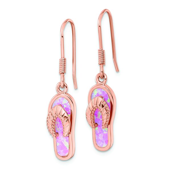 Sterling Silver Rose-tone Pink Created Opal Inlay Flip Flop Dangle Earrings - Image 2