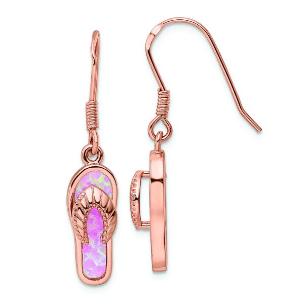 Sterling Silver Rose-tone Pink Created Opal Inlay Flip Flop Dangle Earrings