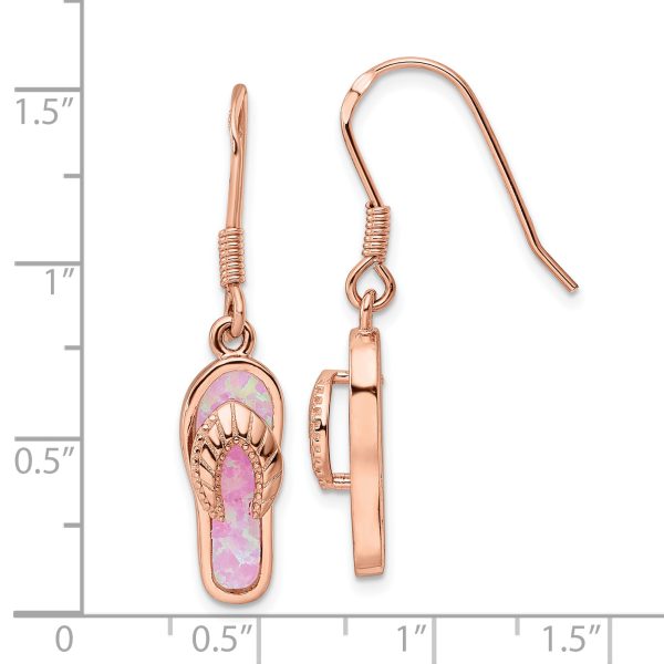 Sterling Silver Rose-tone Pink Created Opal Inlay Flip Flop Dangle Earrings - Image 3