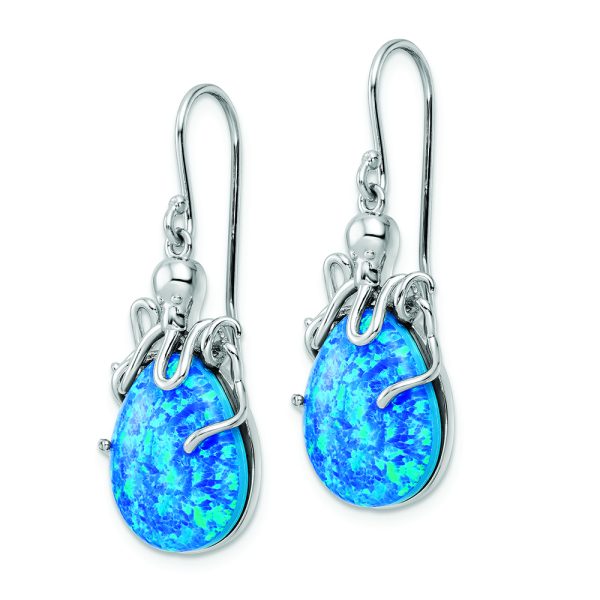 Sterling Silver Rhodium-plated Blue Created Opal Octopus Dangle Earrings - Image 2