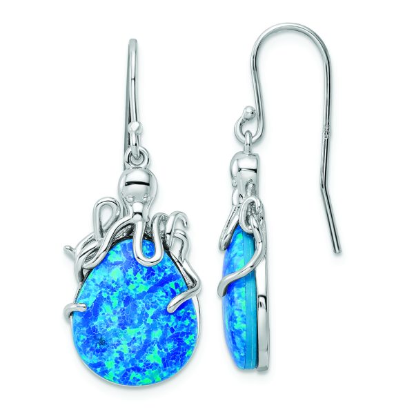 Sterling Silver Rhodium-plated Blue Created Opal Octopus Dangle Earrings