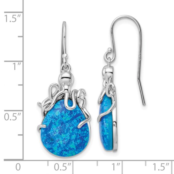 Sterling Silver Rhodium-plated Blue Created Opal Octopus Dangle Earrings - Image 3