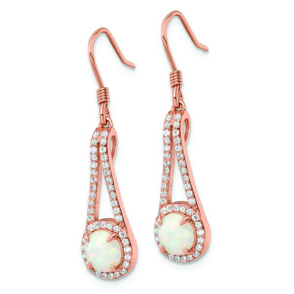 Sterling Silver Rose-tone Polished CZ & White Created Opal Dangle Earrings - Image 2