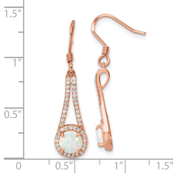 Sterling Silver Rose-tone Polished CZ & White Created Opal Dangle Earrings - Image 3