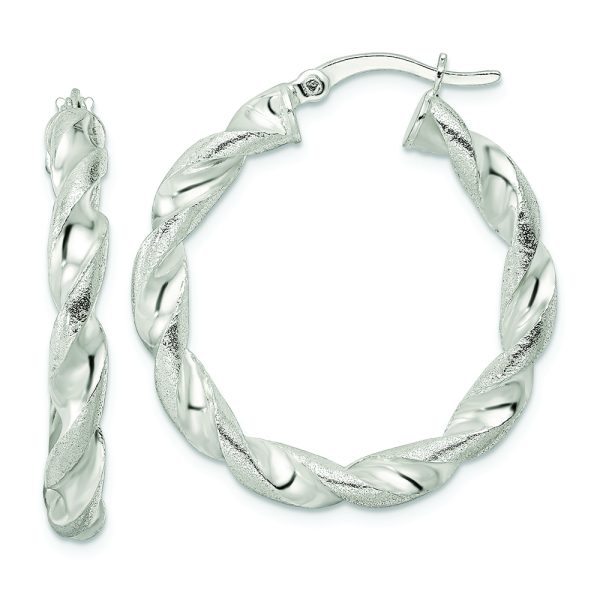 Sterling Silver Polished and Textured Twisted Circle Hoop Earrings