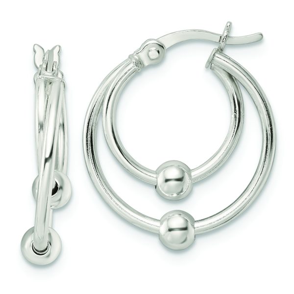 Sterling Silver Polished Double Circle Beaded Hoop Earrings