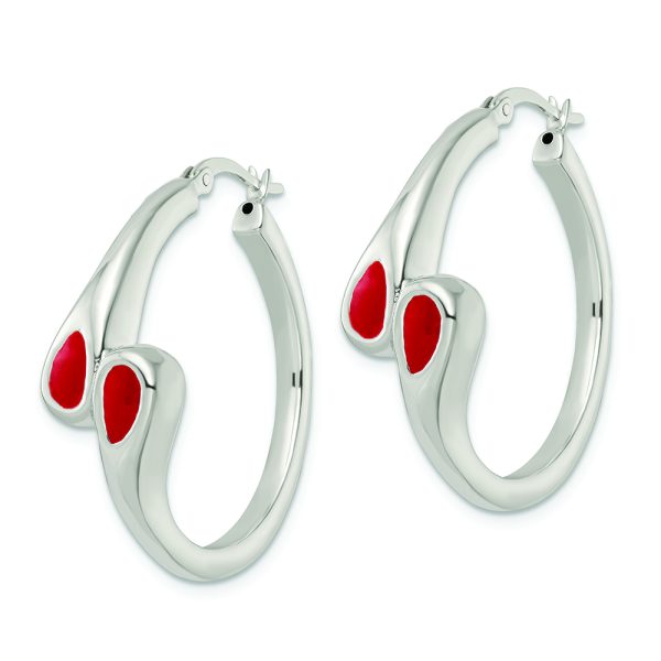 Sterling Silver Polished Red Enameled ByPass Circle Hoop Earrings - Image 2