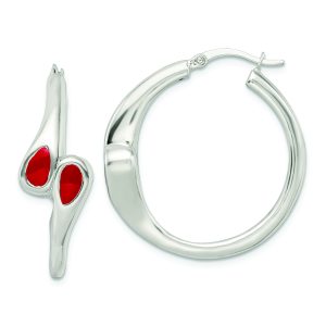 Sterling Silver Polished Red Enameled ByPass Circle Hoop Earrings